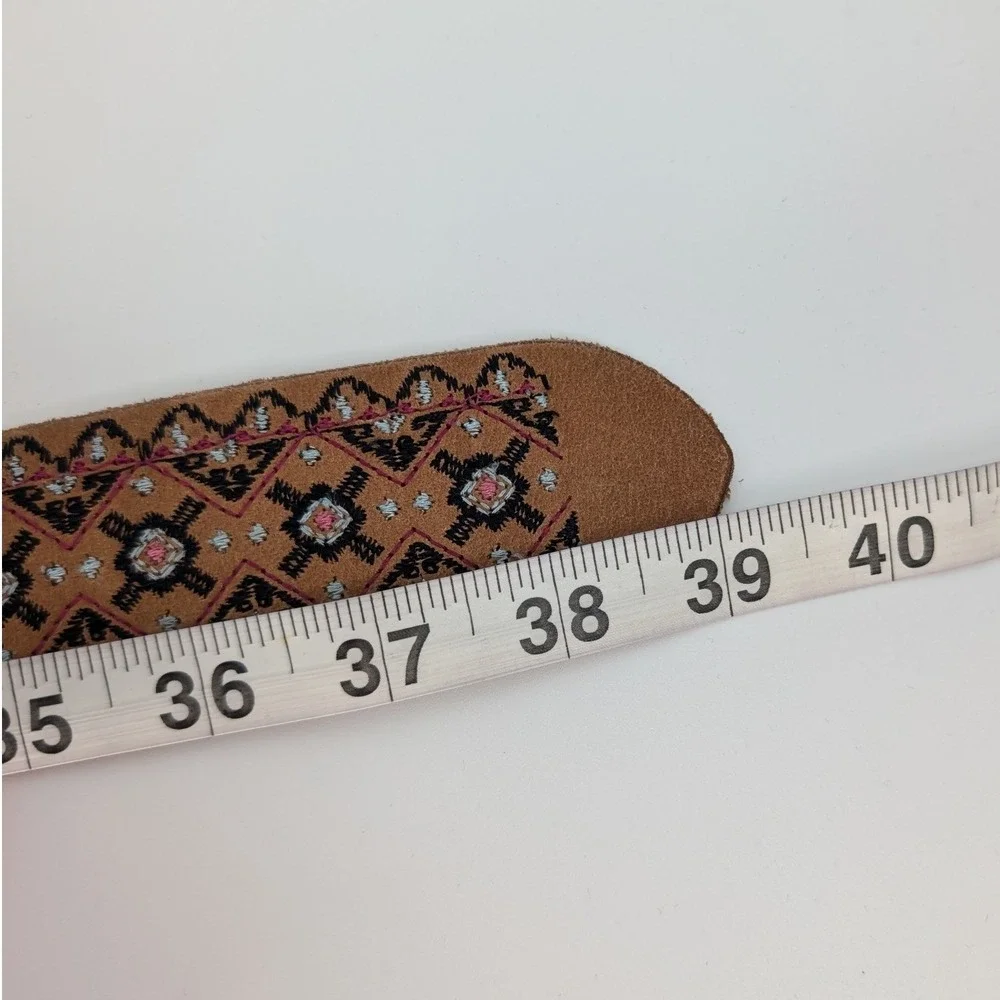 Lucky Brand Embroidered Leather Belt Womens S Brown Boho Brass Buckle 90s Y2K